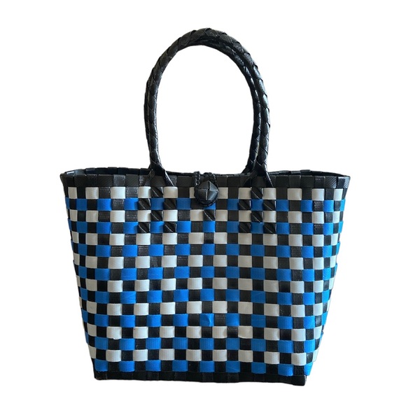 Handmade woven tote bag blue black white medium - Picture 1 of 2